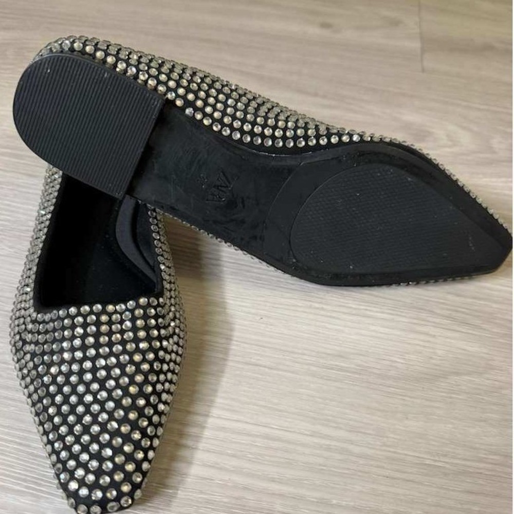 ZARA Studded Ballet Flats Womens US 7 Black Rhinestone Slip On Shoes - Picture 7 of 11